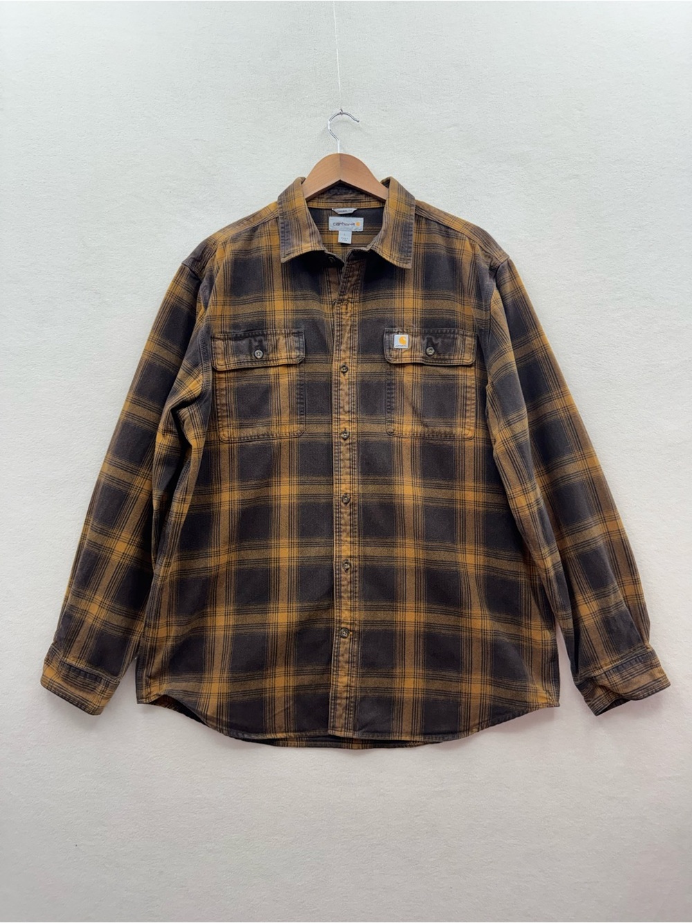 Carhartt Mens Large Brown Plaid 100% Cotton Thick Flannel Button Down Shirt